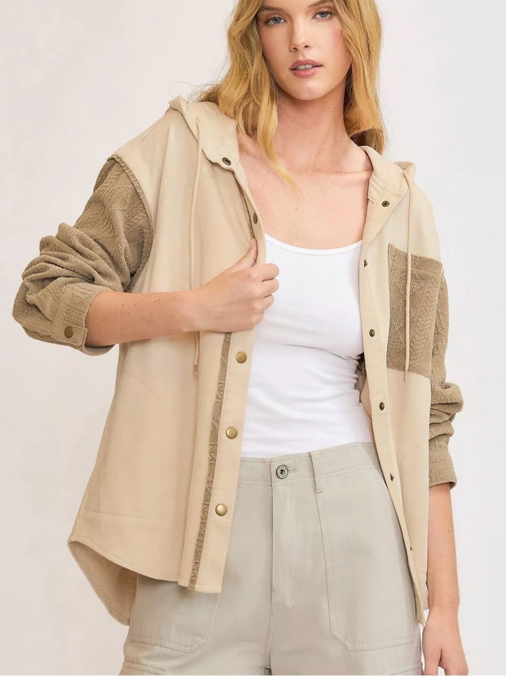 Umgee Washed French Terry Shacket Beige Medium NWT